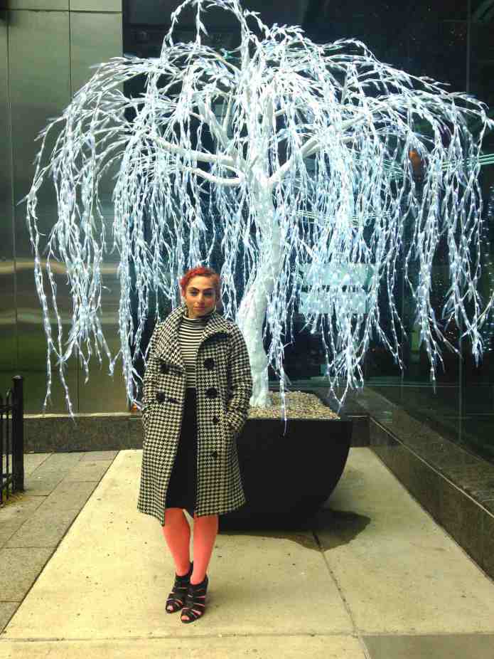 Houndstooth coat with magnificent tree