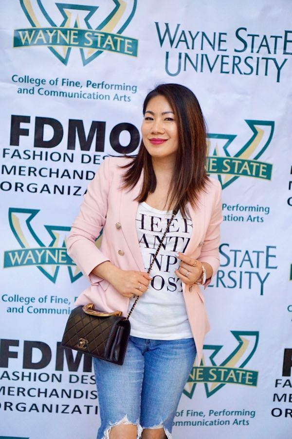 Pink blazer, t-shirt, ripped jeans, Chanel quilted purse