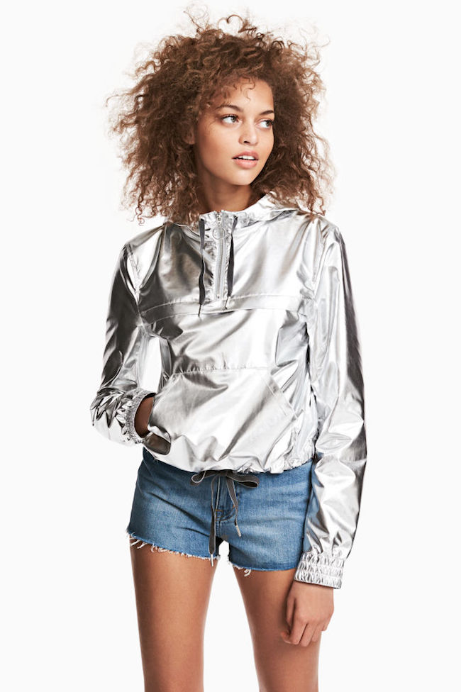 Silver hooded jacket with denim shorts, Coachella Fashion
