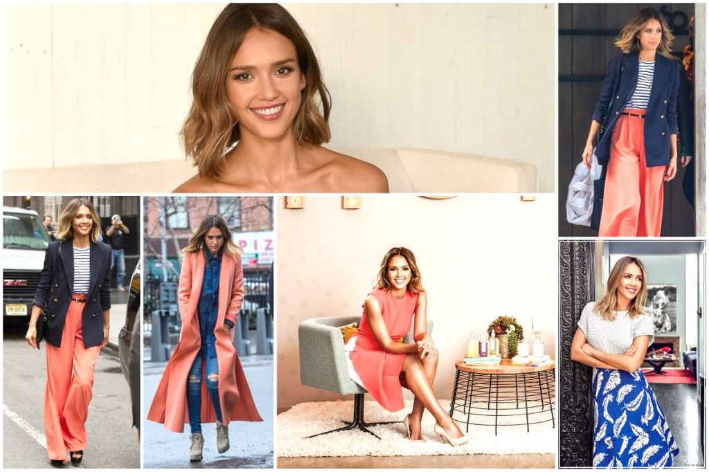 Jessica Alba's style - coral outfits & modern furniture