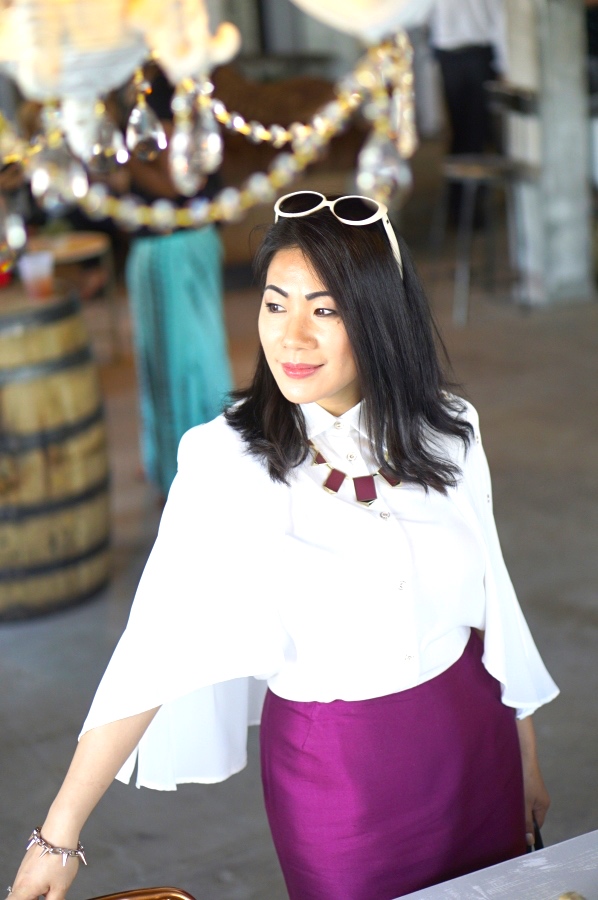 Grace white bell sleeve blouse and magenta skirt