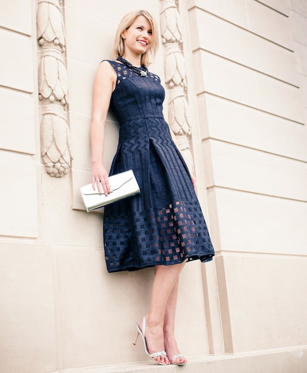 tea length dress, black perforated cocktail dress, business attire, work outfit, clothes for work, work clothes, business clothes, work dress