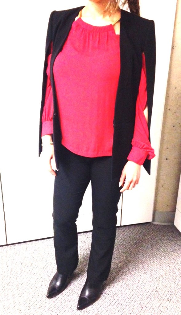 Valentines Day look red blouse, black cape, black pants