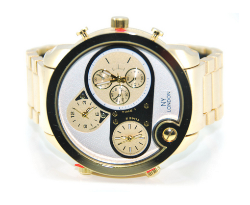 Gold three time zone metal band watch