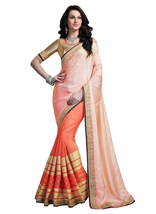 Saree in coral and peach