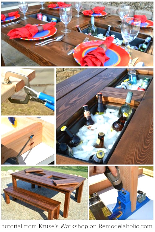 DIY patio table with drink coolers