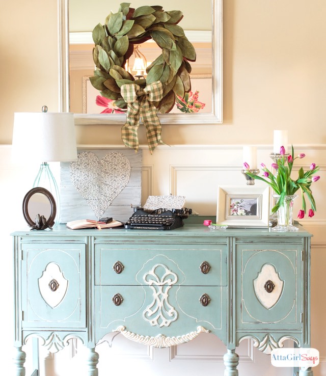 Valentines decorations newsprint hutch decor