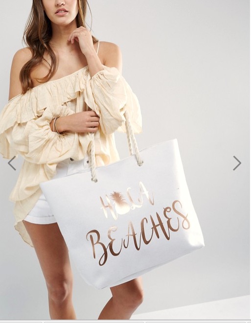 Hola Beach white tote, ruffled top, shorts