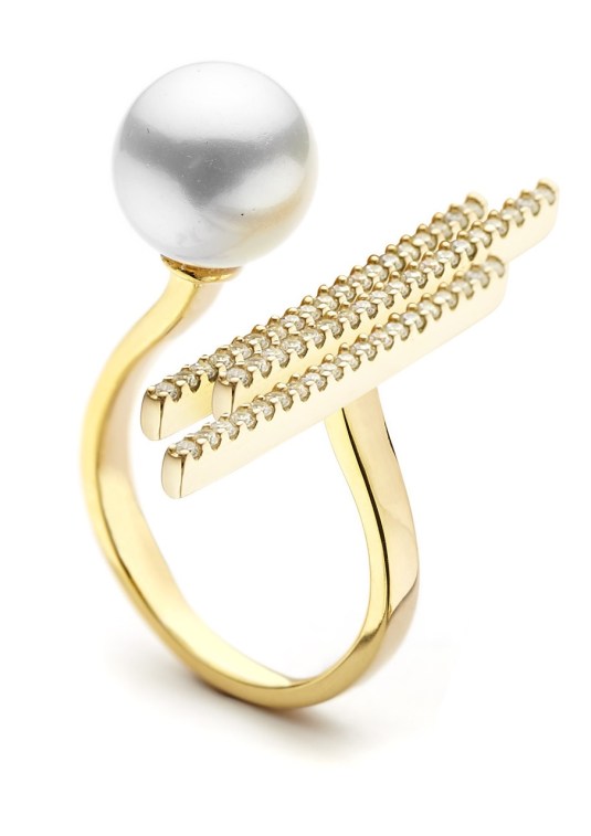 Pearl crystal bar open ring in gold