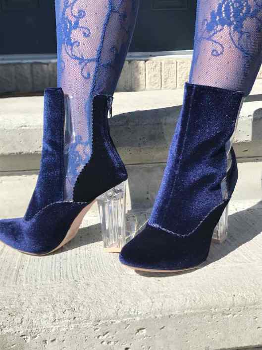 Mothers day gift, velvet royal blue booties with clear panels