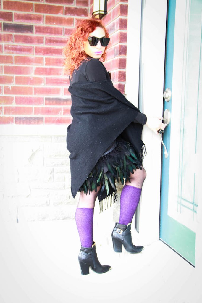 DIY feather skirt with black shawl, purple socks and black booties