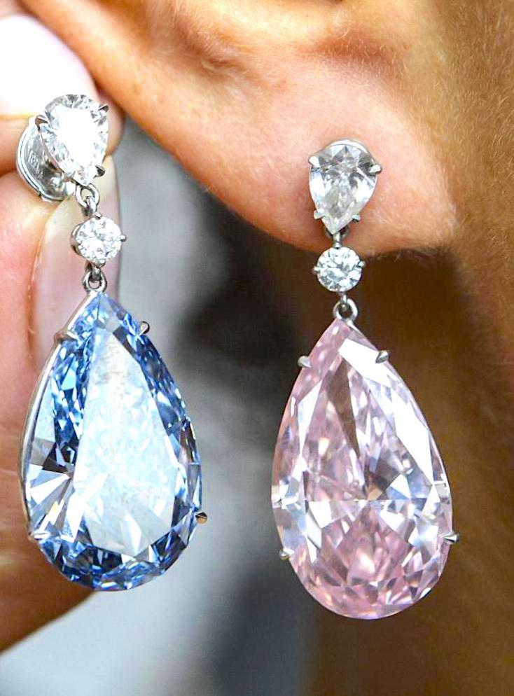 Tear drop pink and blue diamond earrings