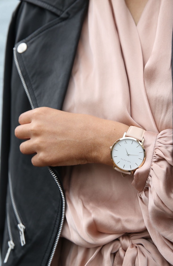 Watches for women, pink women's watch wearing pink top with leather coat