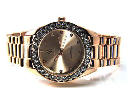 Rose gold finish simulated diamond bezel watch