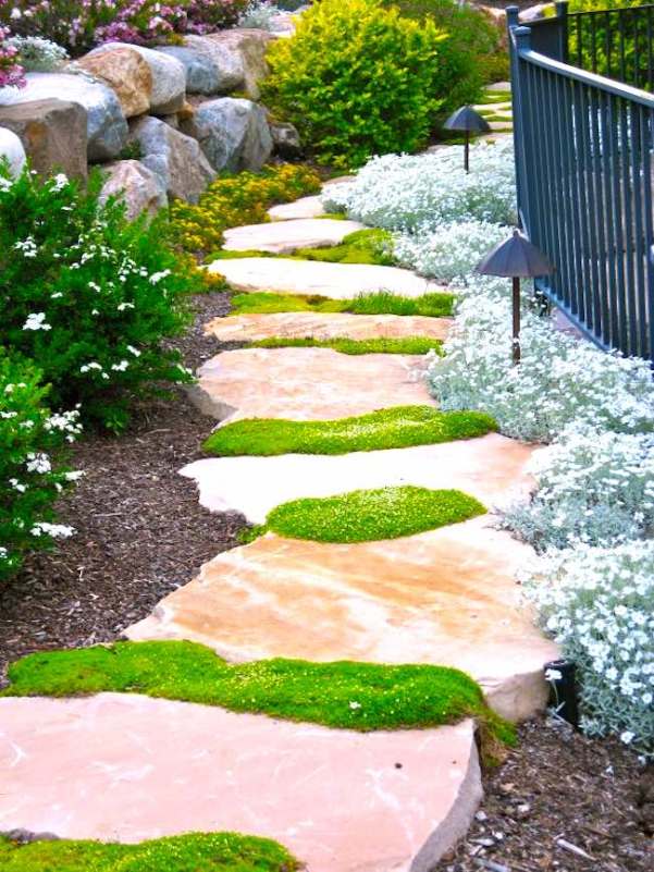 Flagstone walkway in backyard