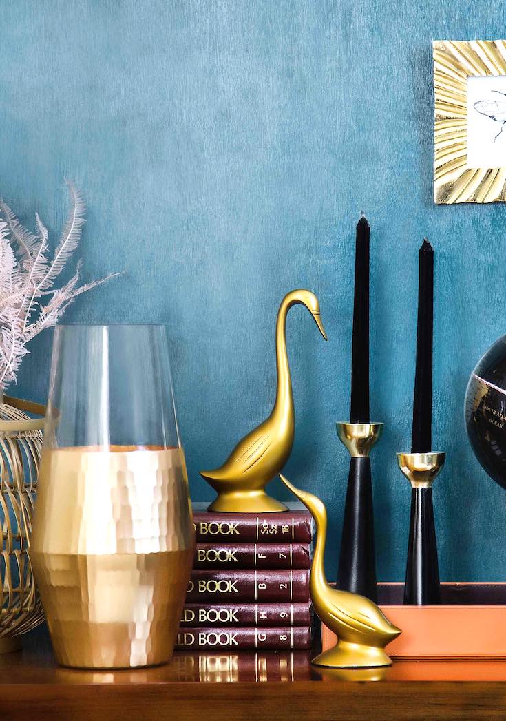 Hutch decor, turquoise wall