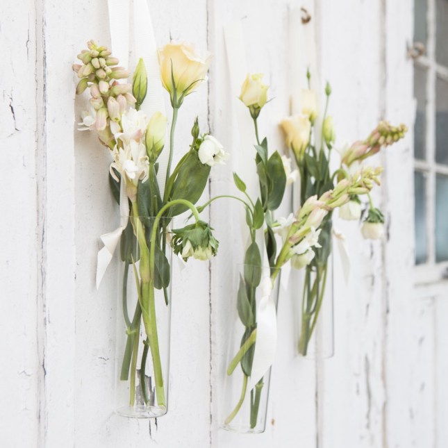Hanging glass vase wedding florals
