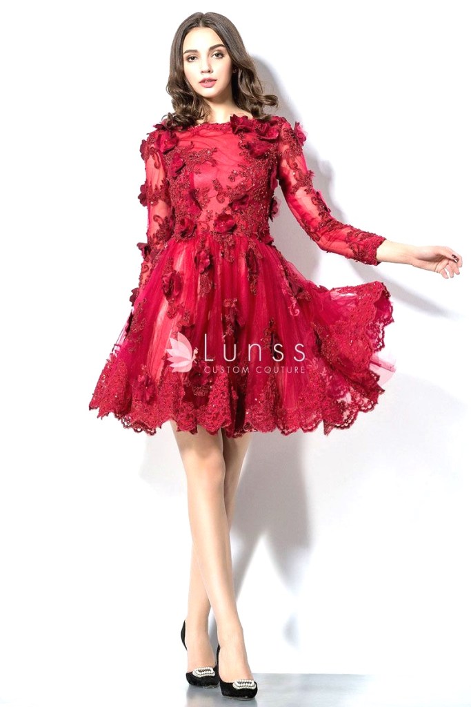 Flower adorned long sleeve ruby cocktail