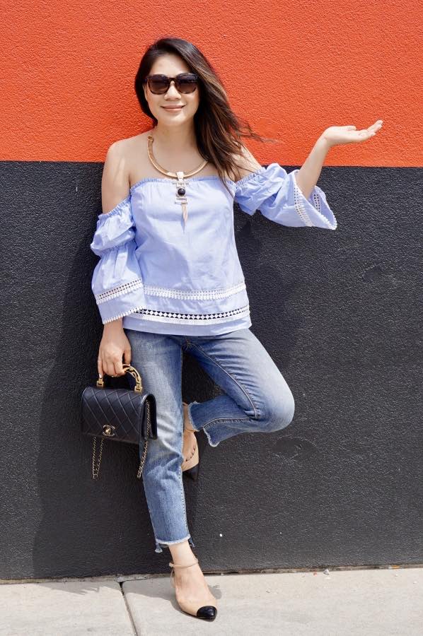Off the shoulder top, edgy fashion, boho fashion, distress denim