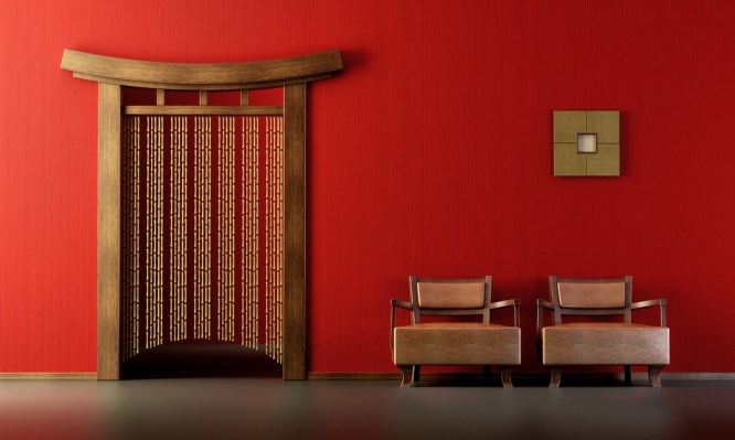Asian dรฉcor with wood elements and red walls