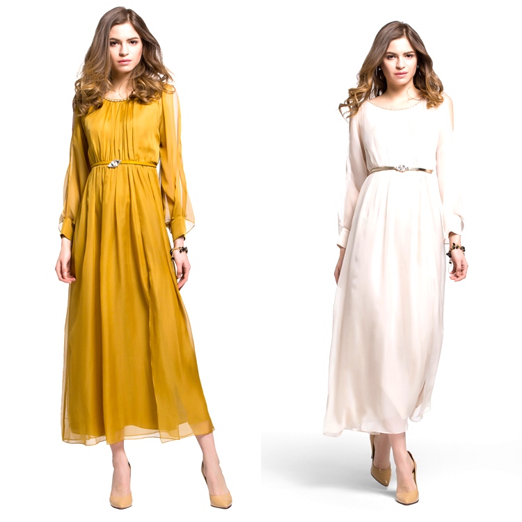 Long cream and gold sheer dress