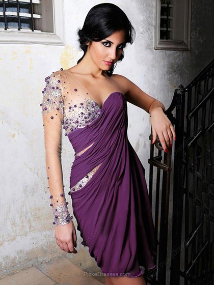 One shoulder PURPLE draped, see-through dress with beading