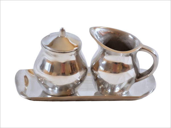 Contemporary pewter sugar, creamer & tray set