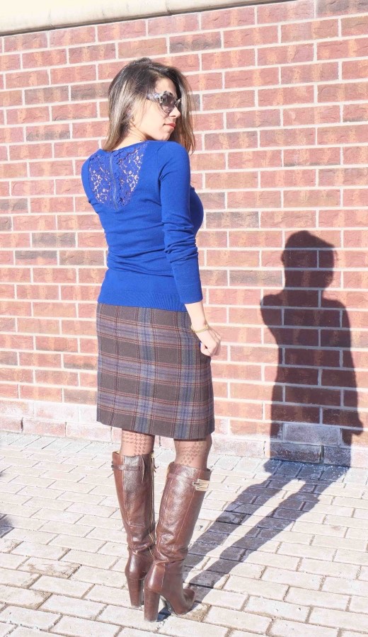 Electric blue sweater & plaid wool skirt