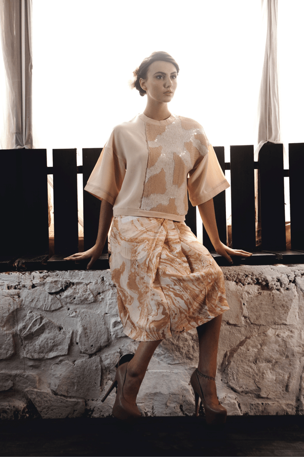 Hand embroidered box sleeve top in crepe silk