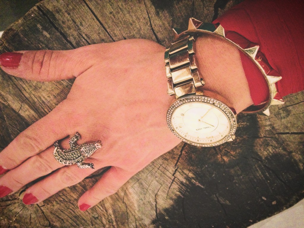 Holiday outfit alligator cocktail ring and Michael Kors watch