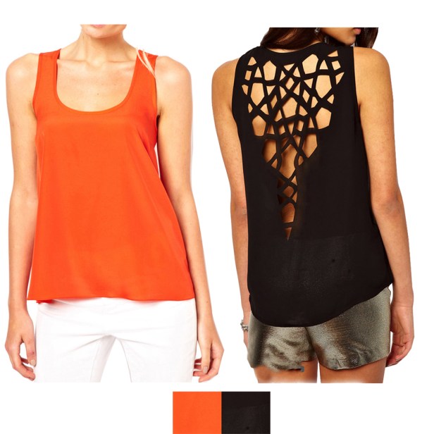 Geometrical cutout back top in black or orange