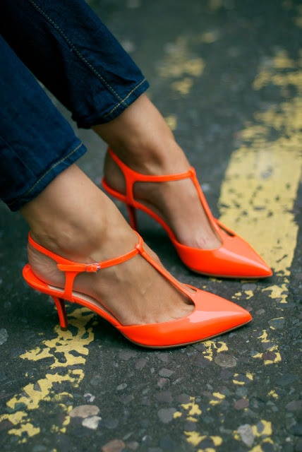 Orange T strap kitten heels, jeans