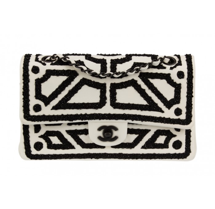 Chanel Black and White Embroidered Double Flap Bag