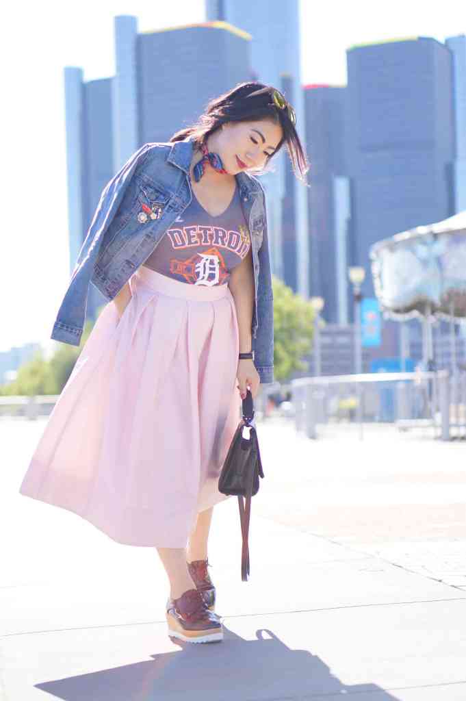 grace-in-a-pink-skirt-with-a-jean-jacket-and-t-shirt