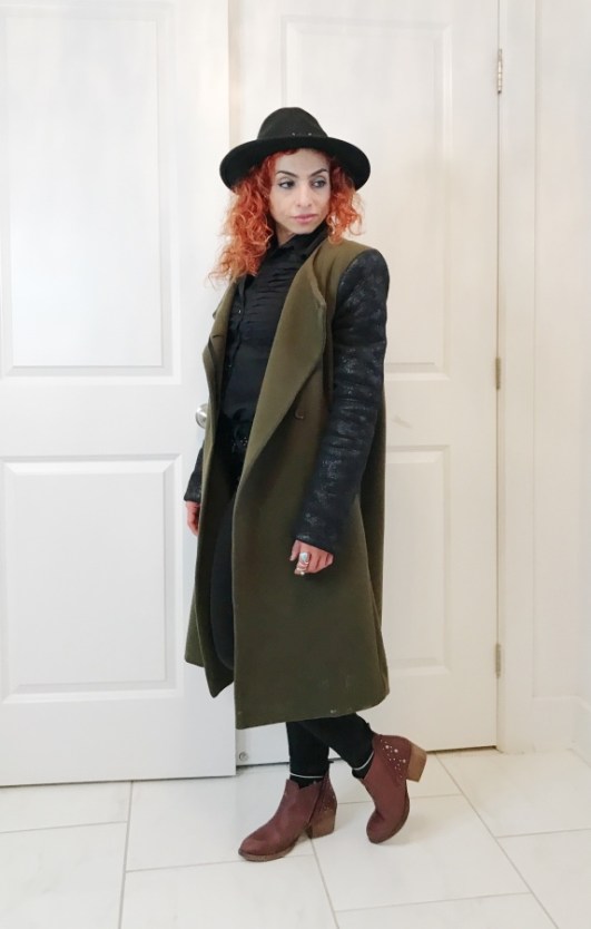 Mothers day gift, Burgundy booties, army green and black coat, black hat