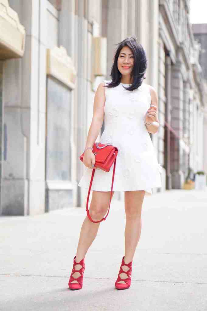 Grace's outfit - white dress and red shoes and bag