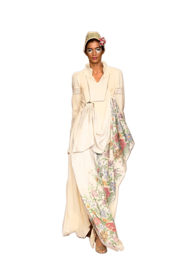 Victorian=inspired off white pure Eri Ahimsa silk gown with woven floral print
