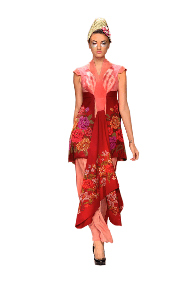 Tudor arch inspired gown in pure Eri Ahimsa silk with woven floral print
