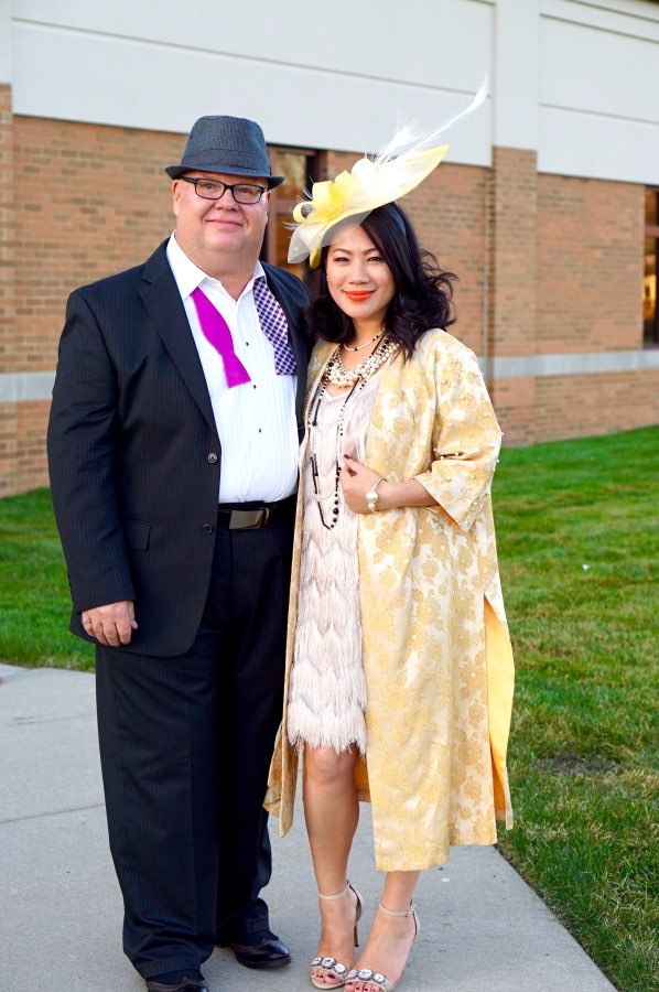 Yellow jacquard kimono with fringe dress and hat