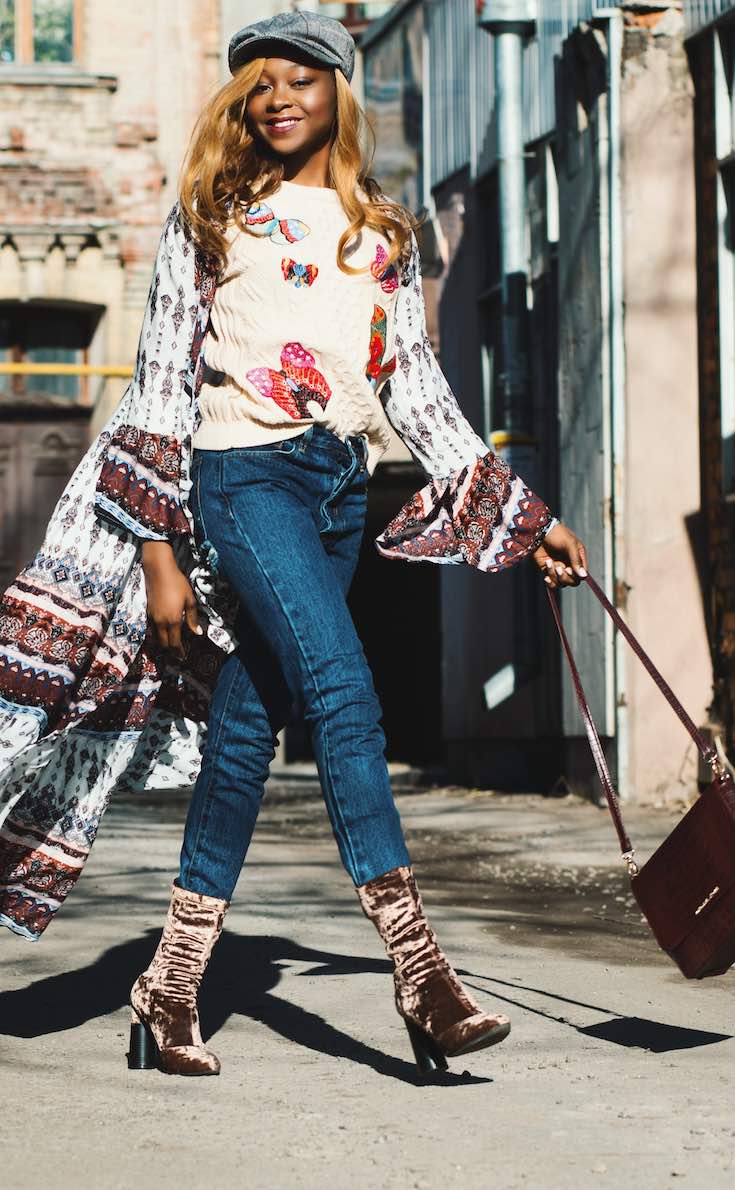 Jeans and sweater with long cardigan and velvet fashion boots
